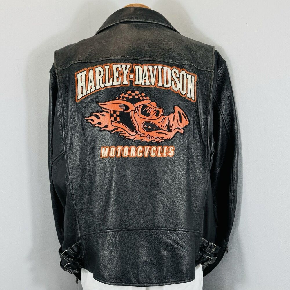 RARE Harley Davidson Sz XXL HOG Heavy Leather Jacket Motorcycle Google Flames